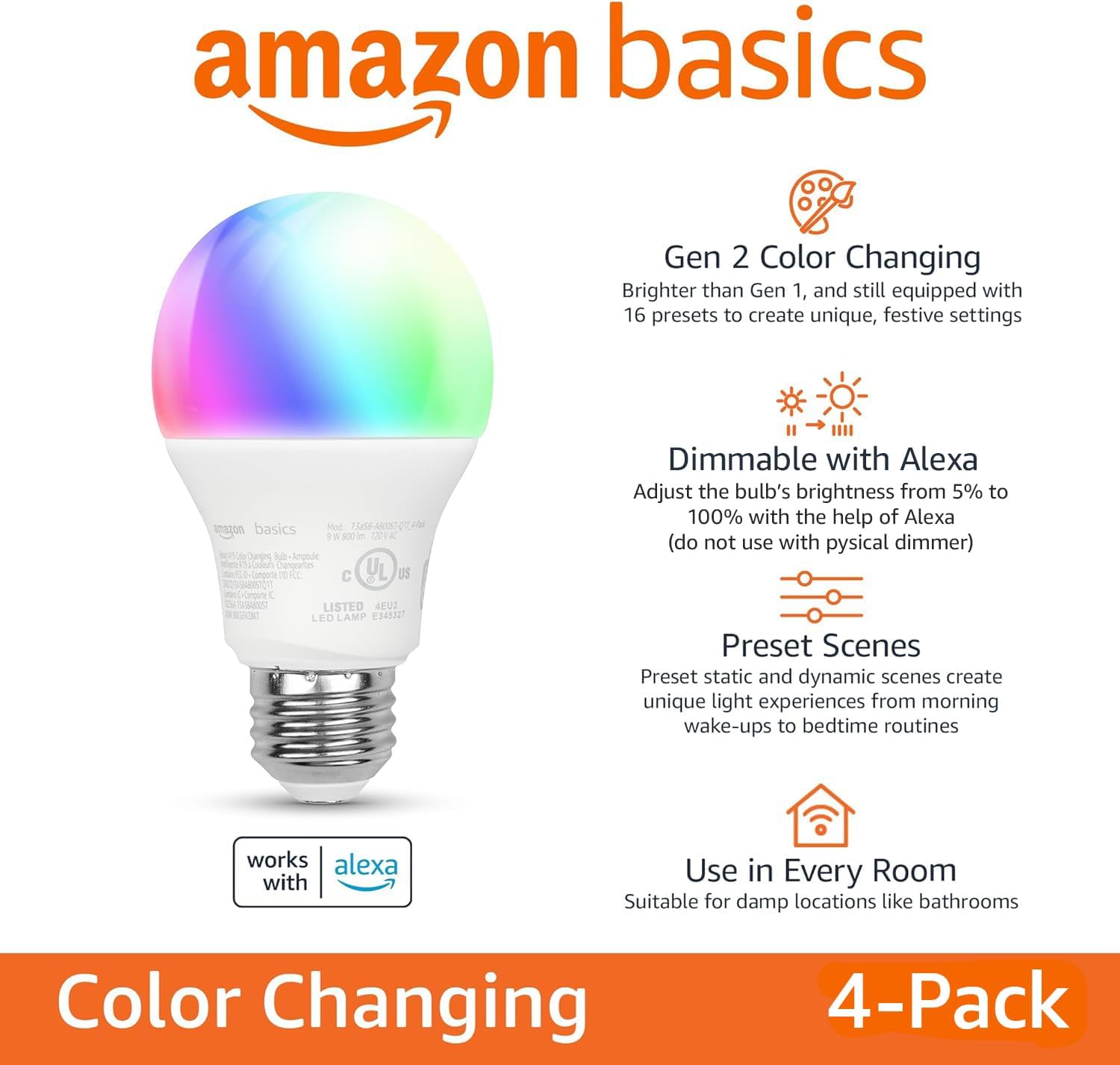 Amazon Basics Smart A19 LED Bulb – Color Changing, 60W Equivalent – 4 Pack